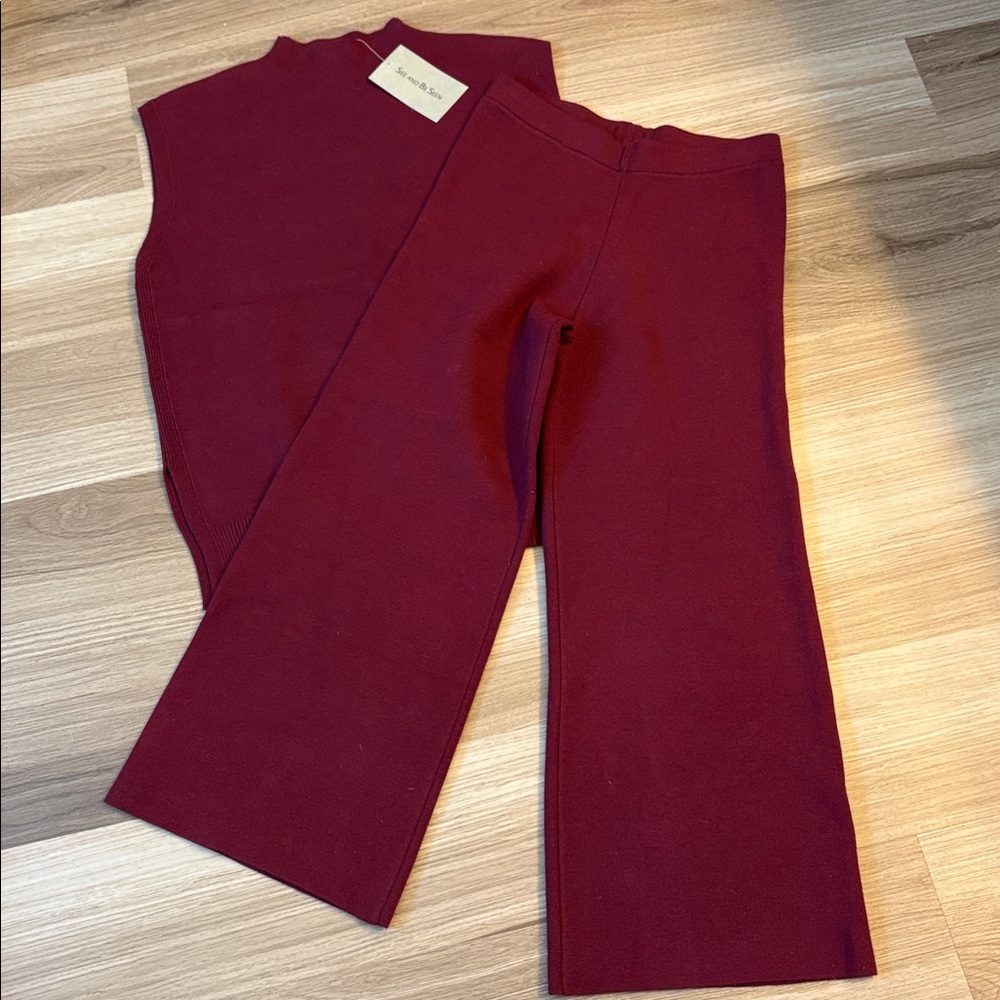 Burgundy Knit Set Wide-Leg Pants & Mock Neck Tunic Small